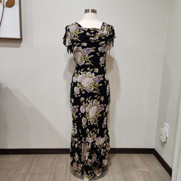 Vintage Y2K Maxi Dress Dark Floral Beading Drape Neck Bodycon Scoop Back size M - Picture 1 of 11